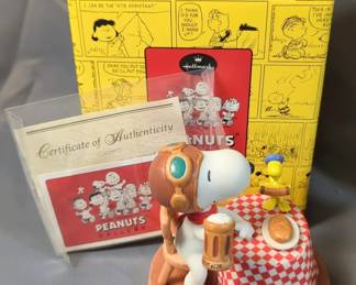 Hallmark Peanuts Gallery Porcelain Figurines Including The Peanutcracker, Here's To You! And Joe Bar-B-Q, With "Winter Games" Snowglobe, Includes COAs, All In Boxes, Total Qty 4