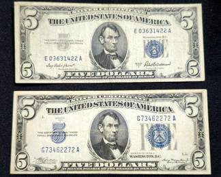 1934 And 1953 $5 Dollar Large Blue Seal Silver Certificates
