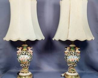 1900s Cloisonne Table Lamps With Figures, Qty 2, Both 34" Tall, Both Power On, Both Have Damage On Shade And One Has A Cracked Base