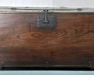 Storage Box With Hinged Lid, Antique Style Iron Latch, Dovetail Construction, 15" H x 32' W x 16" D