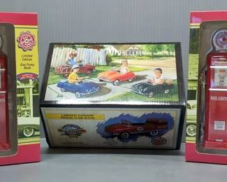 Diecast Gas Pump Collector's Coin Banks, Qty 2, And Scale Model Pedal Car Coin Bank