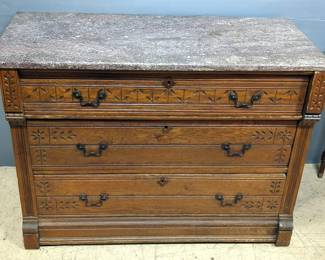 Carved 3 Drawer Chest / Buffet With Marble Top, 31" H x 42" W x 19" D, Marble Top Is Not Attached