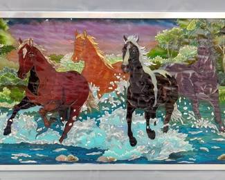 Stained Glass Style Art Of Horses Running Through Water, 23.75 x 13.75