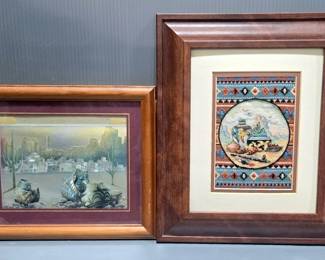 Pueblo Scape Foil Art, Framed, 11.5" W x 9.5" H, And Native American Needlepoint, Framed And Matted, 11.5" W x 13.5" H