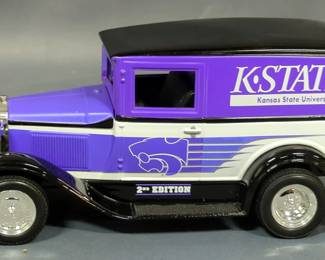 Liberty Kansas State University Die-Cast Metal 1/25 Scale Lockable Coin Banks, Including Model A Delivery Van And Model A Chopped Coupe Street Rod, Both In Original Box