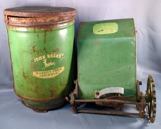 Vintage John Deere Corn Planter Parts Including Seed Hopper, 17.5" Tall, And Seed Box, 16" Tall