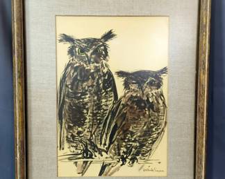 Gertrude Freyman (American, 1901-1994) Owls, Framed Matted Under Glass, 22" W x 29" H