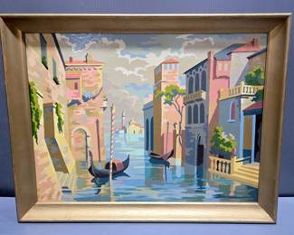 Vintage Venice Italy Paint By Numbers On Wood, Framed, Qty 2, Both Measure 27" W x 21" H