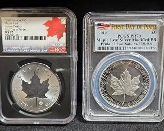 2019 Canada 5 Dollar 1 Oz. .9999 Fine Silver Maple Leaf Coin, PCGS PR70, And 2018 Canada 5 Dollar 1 Oz. .9999 Fine Silver Maple Leaf Coin, NGC MS70