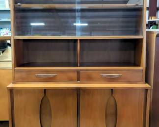 Garrison Furniture Co. Mid-Century Modern China Cabinet, 68" H x 48" W x 15" D, With Sliding Glass Doors, 3 Shelves, 2 Drawers, And 2 Lower Cabinets