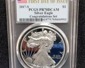 2017-S United States Mint One Ounce Silver $1 American Eagle Proof Coin Congratulations Set, PCGS Certified PR70DCAM, First Day Of Issue