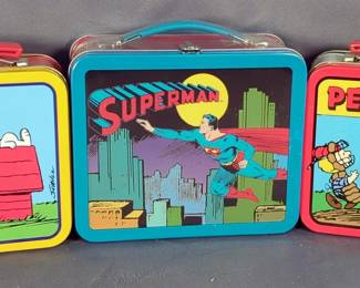 Peanuts Themed Lunch Boxes, Various Sizes, Qty 7, With Hallmark School Days 1950s Superman And Whitman's Peanuts Themed Tin, Total Qty 9