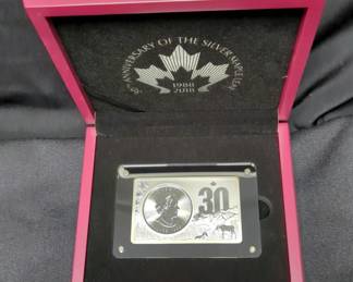 2018 Canada 30th Anniversary Of The Silver Maple Leaf 3 Ounce .999 Fine Silver $5 Coin And Art Bar Set With Certificate Of Authenticity And Presentation Box