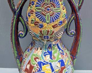 Oriental Porcelain Vase With Moriage And Raised Paint Design, Signed On Bottom, 16.5" Tall