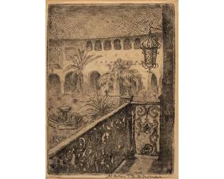 Mary Anita Bonner (Texas / France, 1887-1935), the courtyard at Mrs. McNay's home in San Antonio, Texas , ca. 1930, etching framed in 1970 (Lot 188)