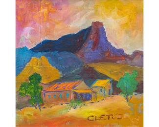 Brother Cletus Behlmann (San Antonio, Texas, 1933-2016), West Texas landscape with structures, oil on canvas (Lot 68)