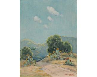 Dawson Dawson-Watson (England / Texas, 1864-1939), Hill Country road with blooming cactus, 1938, oil on canvas (Lot 31)