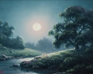  Dalhart Windberg (Texas, b. 1933), Hill Country oak trees and creek by moonlight, oil on panel (Lot 37)