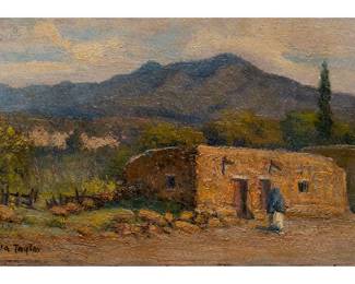  Rolla Sims Taylor (Texas, 1872-1970), scene on woman and adobe home, oil on canvas (Lot 125)