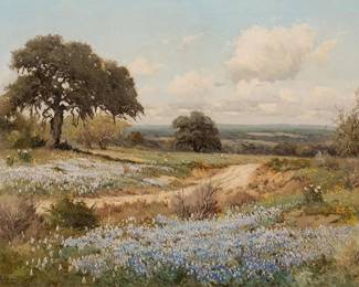 Porfirio Salinas (San Antonio, Texas, 1910-1973), scene of bluebonnets in midday sun, circa late 1940s to early 1950s, oil on canvas, in hand-carved and gilt Husar frame, Chicago, Illinois.  (Lot 6)