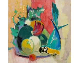 Otis Dozier (Texas, 1904-1987), still life of macaw and various fruits including red bananas, 1966, oil on canvas (Lot 169)