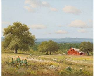 Porfirio Salinas (San Antonio, Texas, 1910-1973), Texas landscape with red barn, chickens, and cactus, oil on canvas (Lot 24)