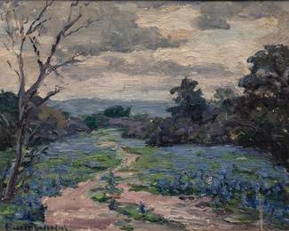  Eleanor Onderdonk (Texas, 1884-1964), bluebonnets along a Hill Country road, oil on canvas panel (Lot 12)
