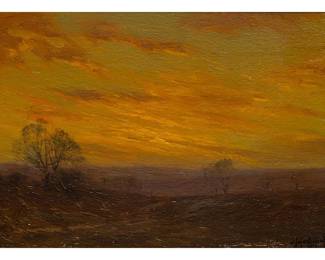 Julian Onderdonk (Texas / New York, 1882-1922), "Golden Evening, S. W. Texas", oil on wooden panel in hand-carved and gilt Newcomb-Macklin frame (Chicago, Illinois) (Lot 34)
