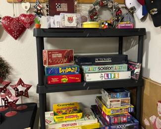 Vintage board games, puzzles, school supplies