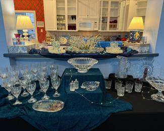 Mikasa crystal water and wine glasses, gorgeous very large punch bowl, platter and matching cups with plates. 