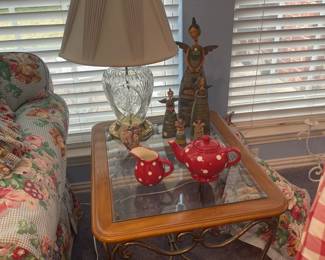 Heavy etched glass lamp and oak, glass and metal side table. Matching round coffee table.