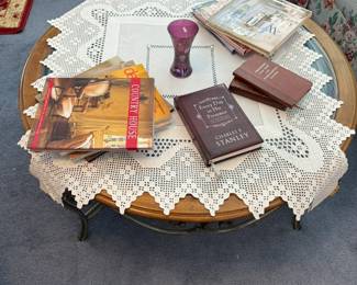 Round oak, glass and metal coffee table. Great coffee table books.