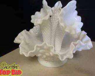 Milk Glass Three Horn Epergne Flower Vase Fenton, Hobnail Vase Bowl Combined Ruffled Rim