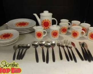 Vintage MCM Childrens Red and Orange Sun Porcelain Tea Set