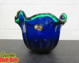 Handmade in Italy Murano Glass Tulip Bowl Cobalt Blue Green
