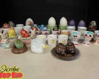 Large Egg Cup Lot Some Vintage Collectibles with Painted Eggs and Egg Candles