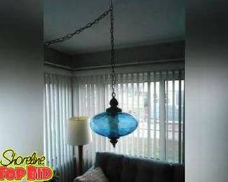 Vintage Mid Century Modern Large Blue Glass Hanging Swag Lamp