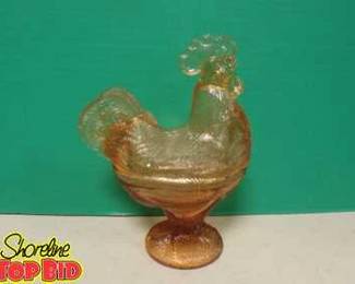 Amber Rooster Candy Dish, Carnival Glass Excellent Condition