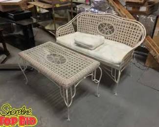 Vintage Heavy Wrought Iron Woven Wicker Love Seat Coffee Table