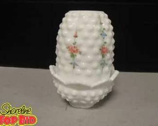 Fenton Milk Glass Hobnail Artist Signed Fairy Lamp with Pink Blue, No Damage