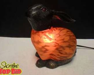 Vintage Bronze Rabbit Night Light Lamp Amber Glass Working