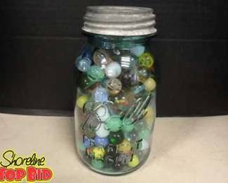 Mason Jar, Blue, Filled with Unsearched Marbles