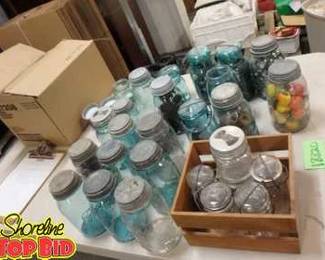 Antique Canning Jars Mostly Blue Green  Various Brands  Some With Vintage Buttons