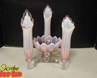 Fostoria Heirloom Pink Opalescent Glass Epergne Vases Candle Holder Centerpiece