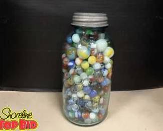 Tall Mason Jar, Blue, Filled with Unsearched Marbles