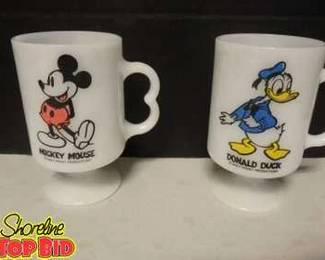 Vintage Walt Disney Productions Mickey Mouse and Donald Duck Pedestal Milk Glass Mugs
