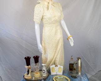 Antique wedding dress, Bakelite mirror and bracelet