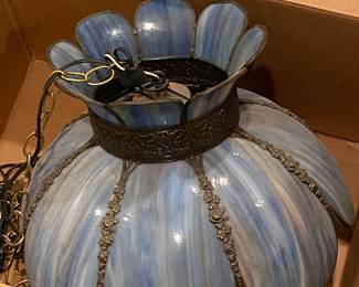 Vintage Blue & Grey - Hanging, Stained Bent Slag Glass Lamp