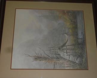 Ben Hampton paintings: Large matted/framed 'Swinging Bridge' 1987 signed