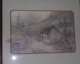 Ben Hampton paintings: Large  matted/framed 'The Blacksmith Shop' 1981 signed